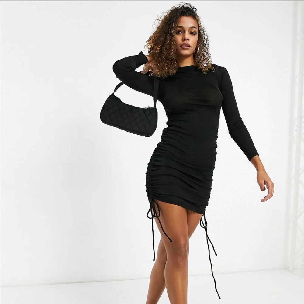 Lioness Black Stretchy Ruched Side Long Sleeve Black Dress Medium
